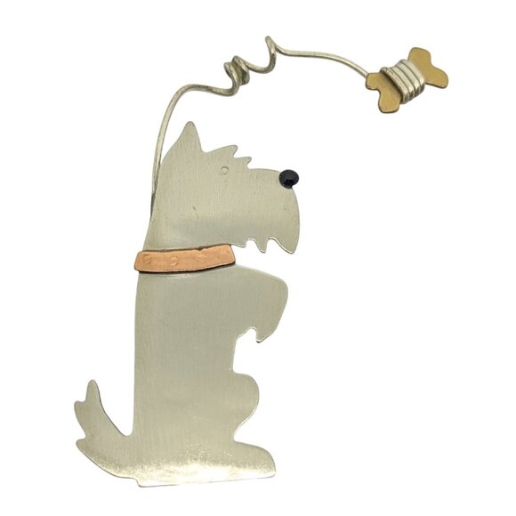 Jewelry - Vtg Scottie Dog Brooch Silver & Gold Tone Metal With Bone Charm Whimsical Cute